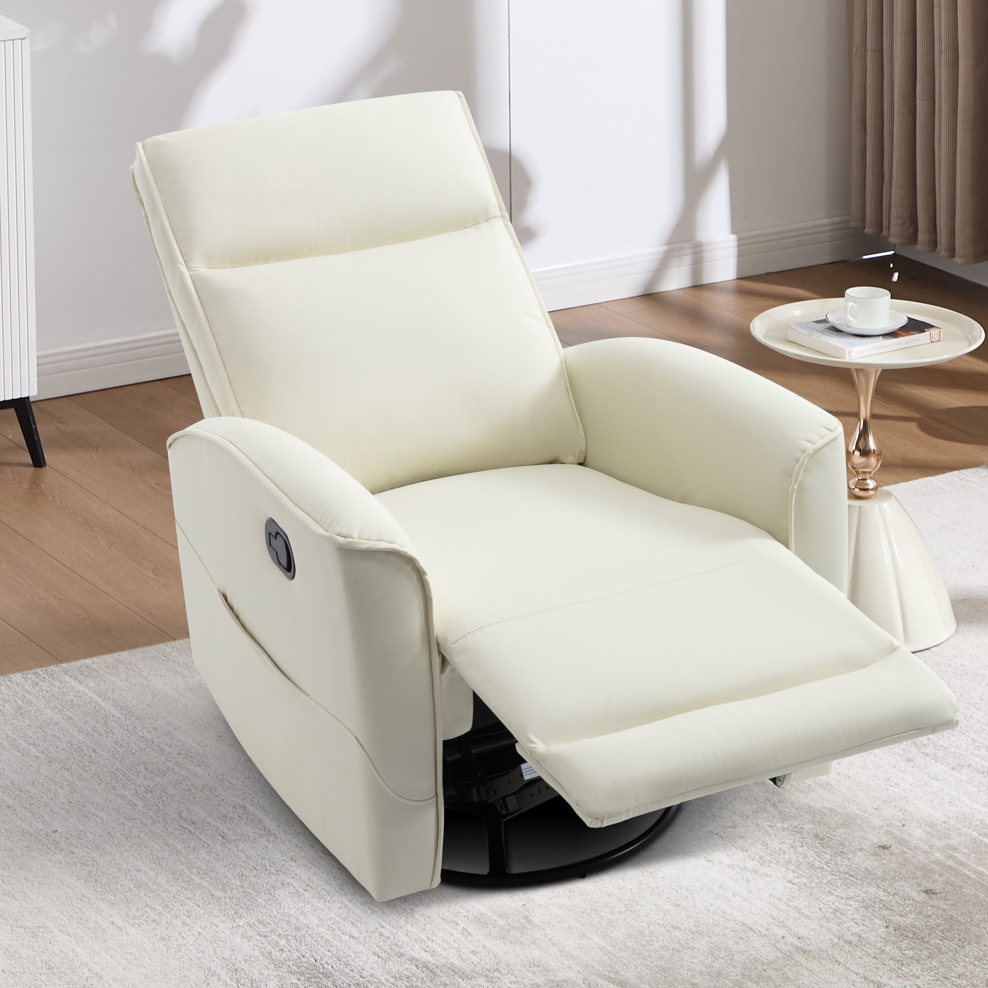 Ebello Manual PU Leather Swivel Rocker Recliner, Nursery Glider Chair with Padded Armrests & Backrest for Apartment, Living Room and Bedroom, White