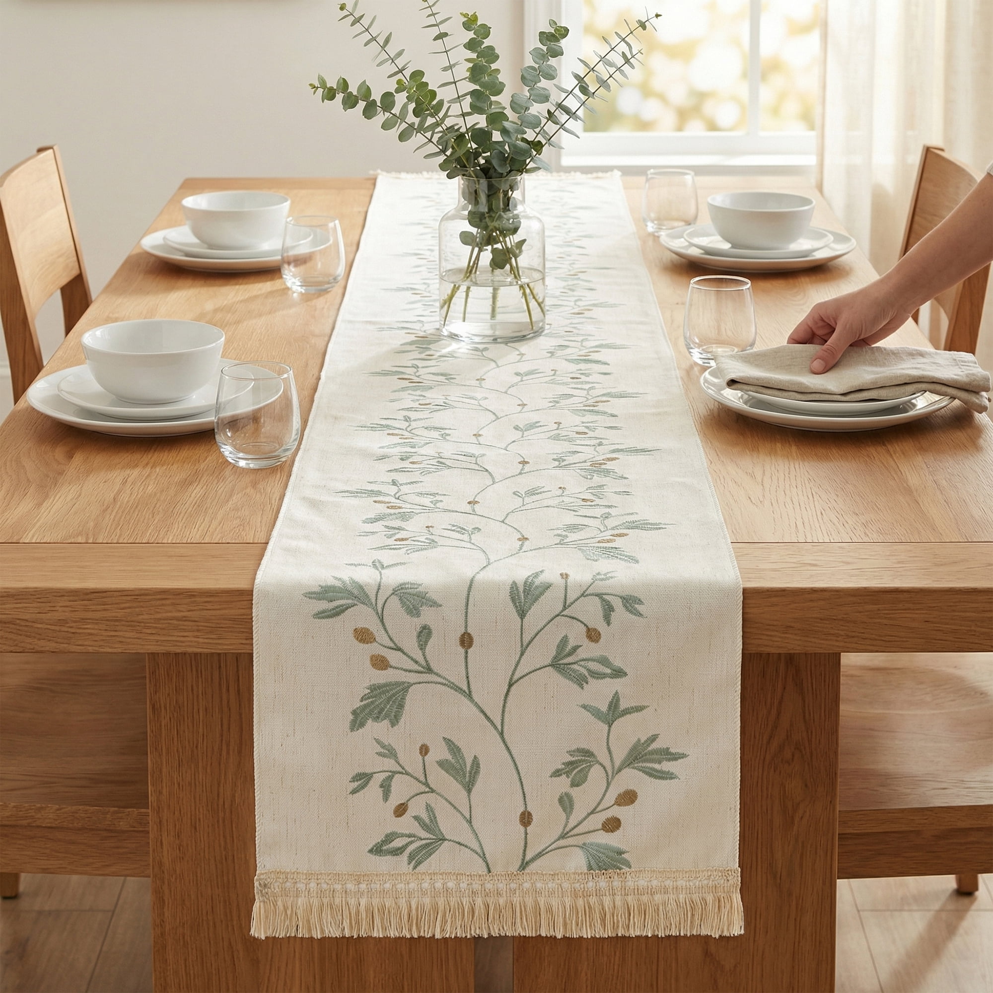 Unique Bargains Long Washable Floral Table Runner for Dining Decor Green 15.4"x82.7"