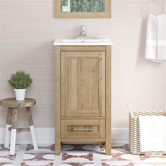 Pemberly Row 18" Bathroom Vanity in White Oak with White Ceramic Vanity Top