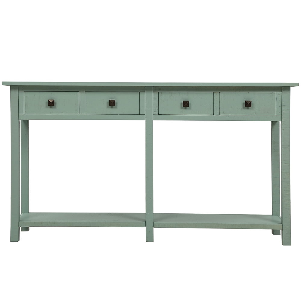 Lowestbest Solid Console Table, Brushed Texture Sofa Side Table with Drawers and Bottom Shelf, Entryway Console Cabinet for Living Room, Blue