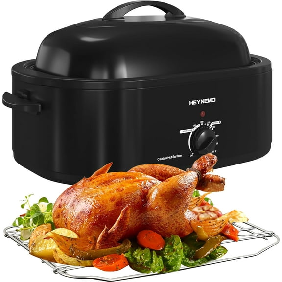 18 Quart Roaster Oven with Self-Basting Lid, Large Electric Turkey Roaster Oven with Defrost & Warm Function, Adjustable Temperature, Removable Pan & Rack, Stainless Steel, Black
