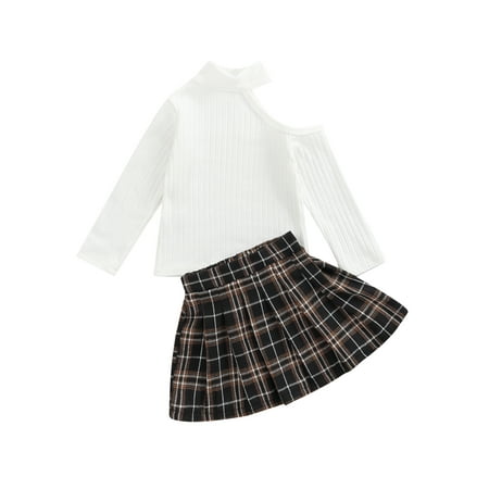 

aturustex Toddler Girl Outfit 2Pcs Solid Color Long Sleeve Cold Shoulder Rib Tops+Plaid Printed Short Skirt 1-6Y