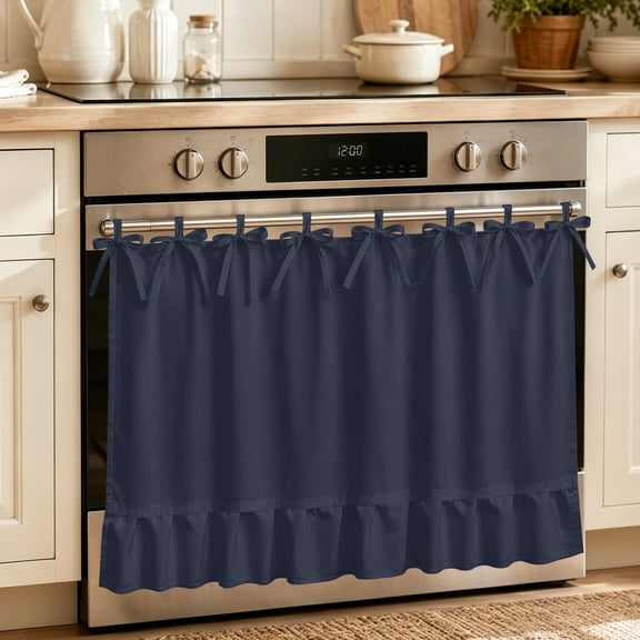 Navy Blue Solid Color Oven Skirt for Farmhouse Kitchen Décor, Modern Minimalist Pure Color Oven Curtain Tie Top Decorative Stove Skirt, Cabinet Dish Washer Curtains with 8 Ribbon Ties 30"x21.5"