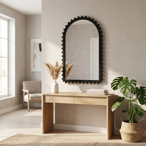 Beaded Arch Mirror for Home Entryway Decor - Decorative Pine Wood Wall Mirror for Living Room, Office, and Bedroom Styling - 40", Black