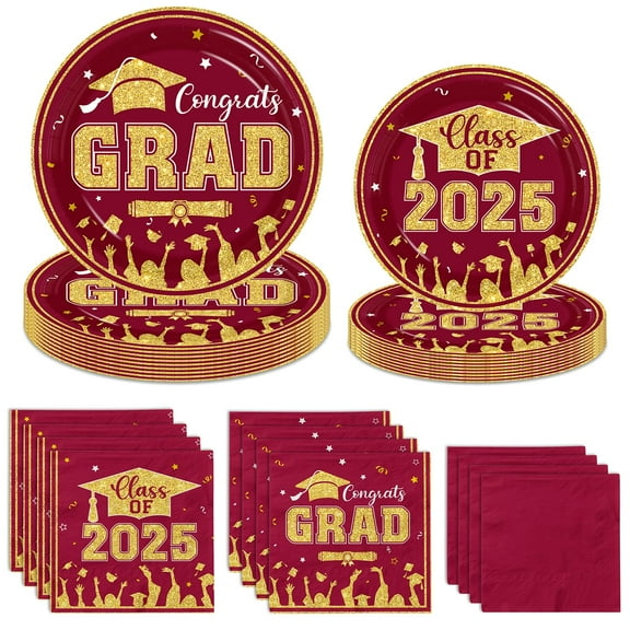 Graduation Decorations 2025 Maroon and Gold AFN1Red,Graduation Paper and Napkins Party Supplies Set,for College High School Congrats Disposable Party Dinnerware,Serves 50 Dessert Cake Plates