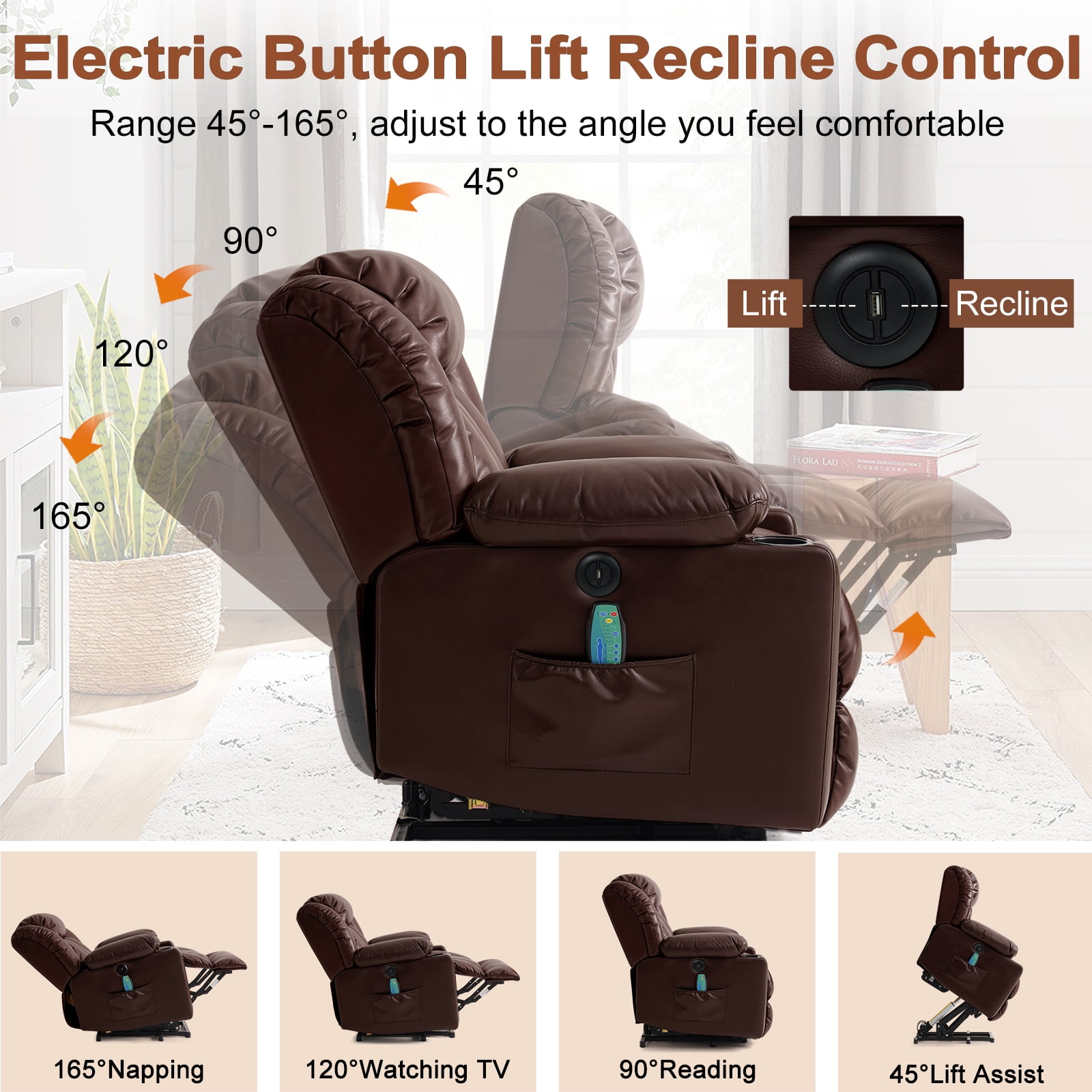 INGALIK Power Lift Recliner, Leather Electric Chair Recliners with Heating and Massage, Cup Holders, Storage, USB Charging (Brown)