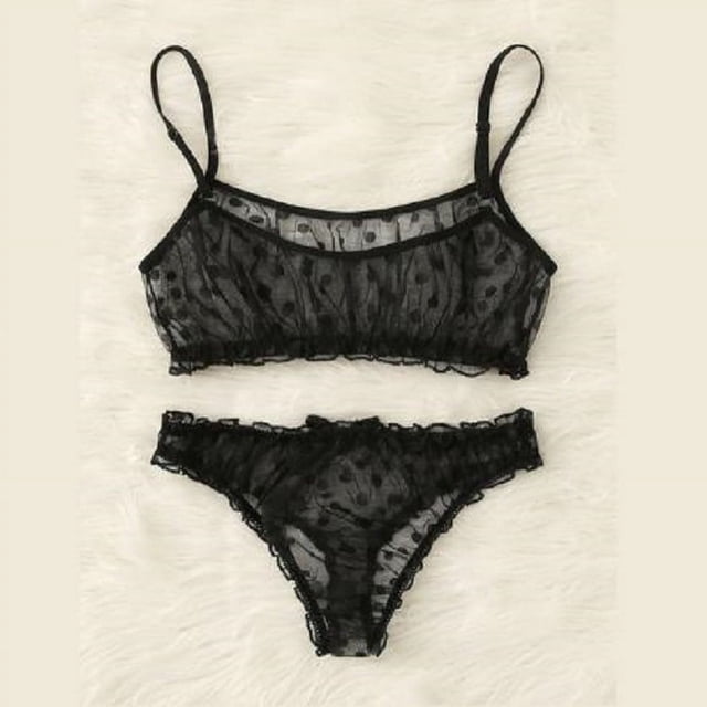Ropa interior sexy de estilo europeo y americano de malla con volantes y puntos transparentes, lencería sexy de dos piezas