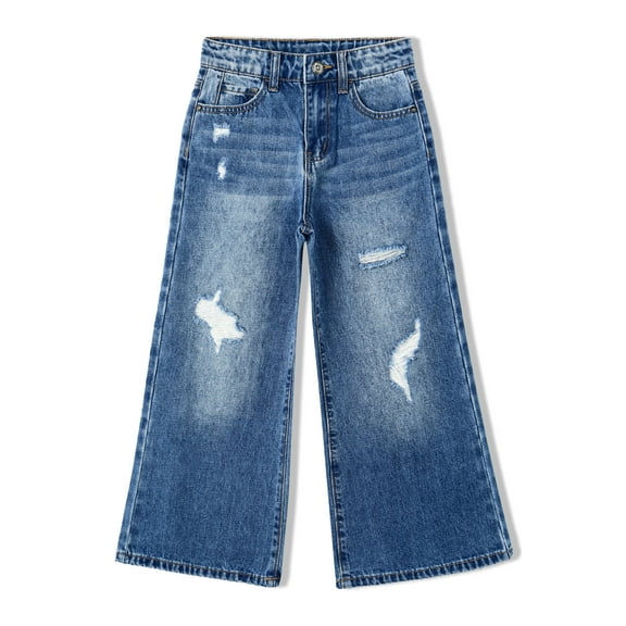 KIDSCOOL SPACE Girls Flare Jeans,Little Big Girl Ripped Wide Leg Summer Denim Pants,7-8 Years