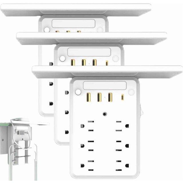 Preliminark Rallonge de Prise Murale avec Tablette de Nuit, Rallonge de Prise 9 en 1 avec Tablette, Nouvelles Rallonges Multiprises 2025, Rallonges de Prises Électriques Murales, Rallonge de Prise pour Maison Dortoir (3 Pcs)