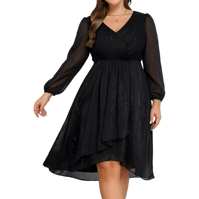 Talisea Plus Size Cocktail Dress - Formal Wedding Guest Fall Long Sleeve A Line Pleated V Neck Midi Dresses for Curvy Women
