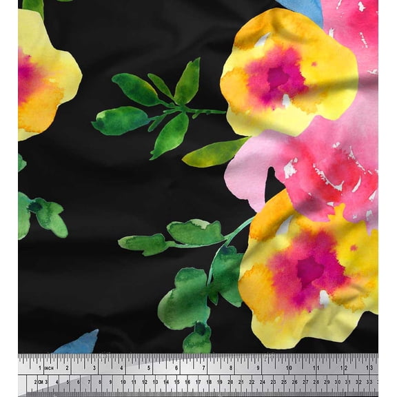 Soimoi Cotton Duck Fabric Flower & Leaves Watercolor Print Fabric by the Yard 42 Inch Wide