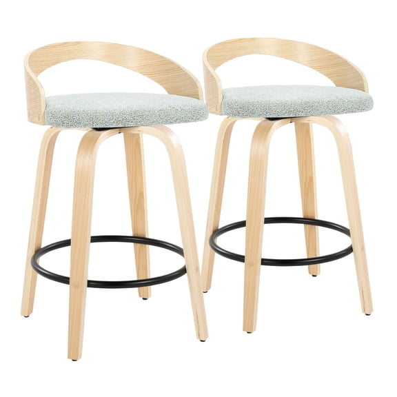 Grotto 26" Mid-Century Modern Fixed-Height Counter Stool with Swivel in Natural Wood and Green Fabric with Round Black Metal Footrest by LumiSource - Set of 2