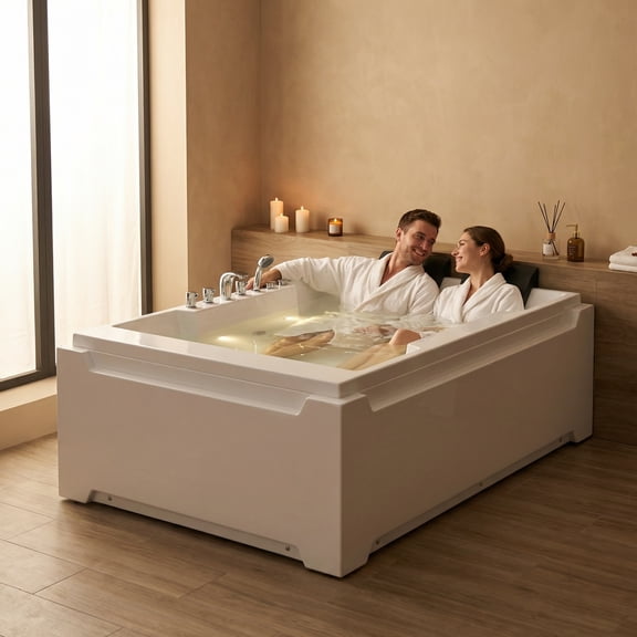 73" x 48" Whirlpool Bathtub for 2-Person with 8 Hydro Massage Jets & Chromatherapy LED Lights, 1HP UL Certified Pump, 3-Sided Apron Acrylic Soaking Tub, Left Drain, 110 Gallons, White