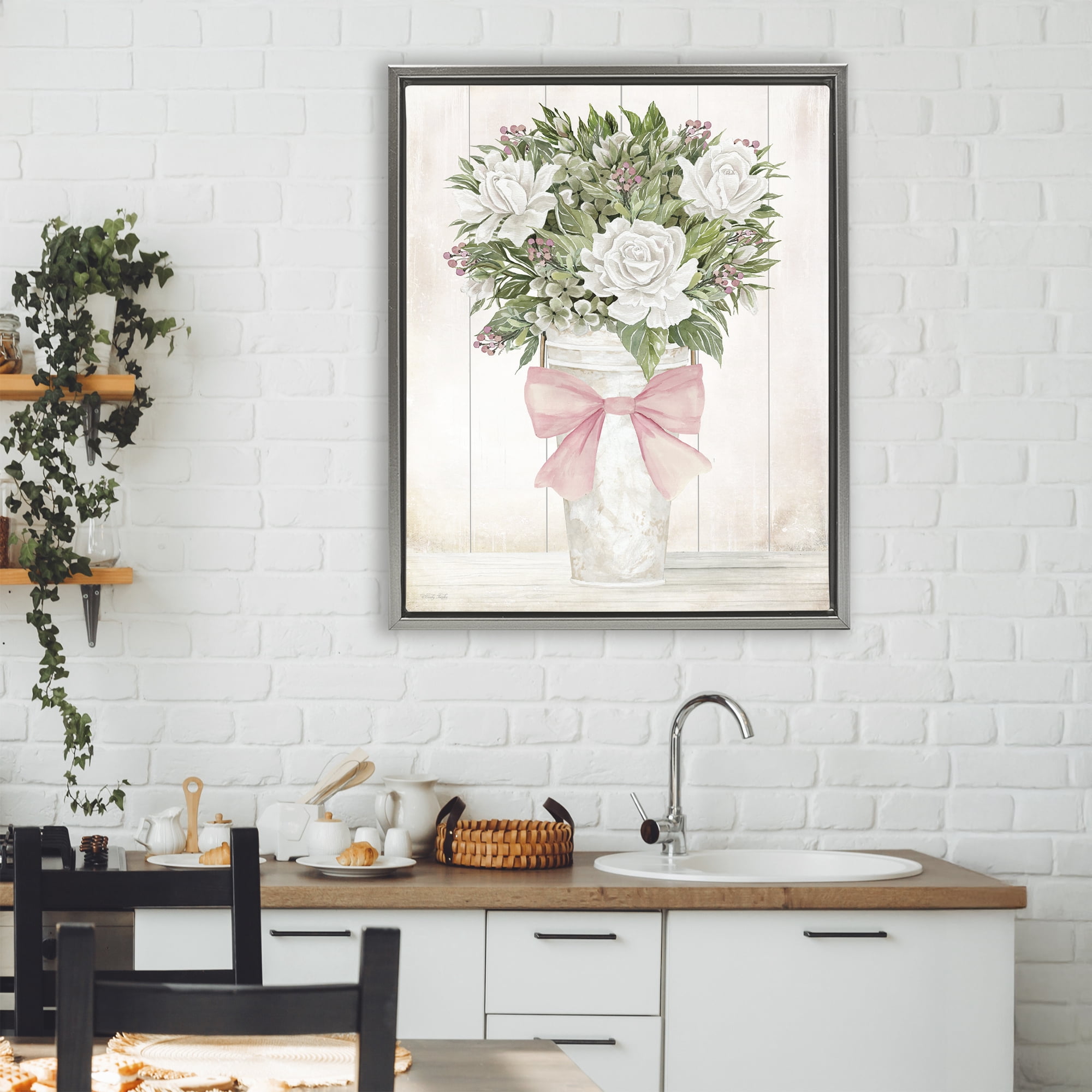 Stupell Industries Pretty In Pink Roses & Bow Gray Framed Floater Canvas Wall Art, design by Cindy Jacobs
