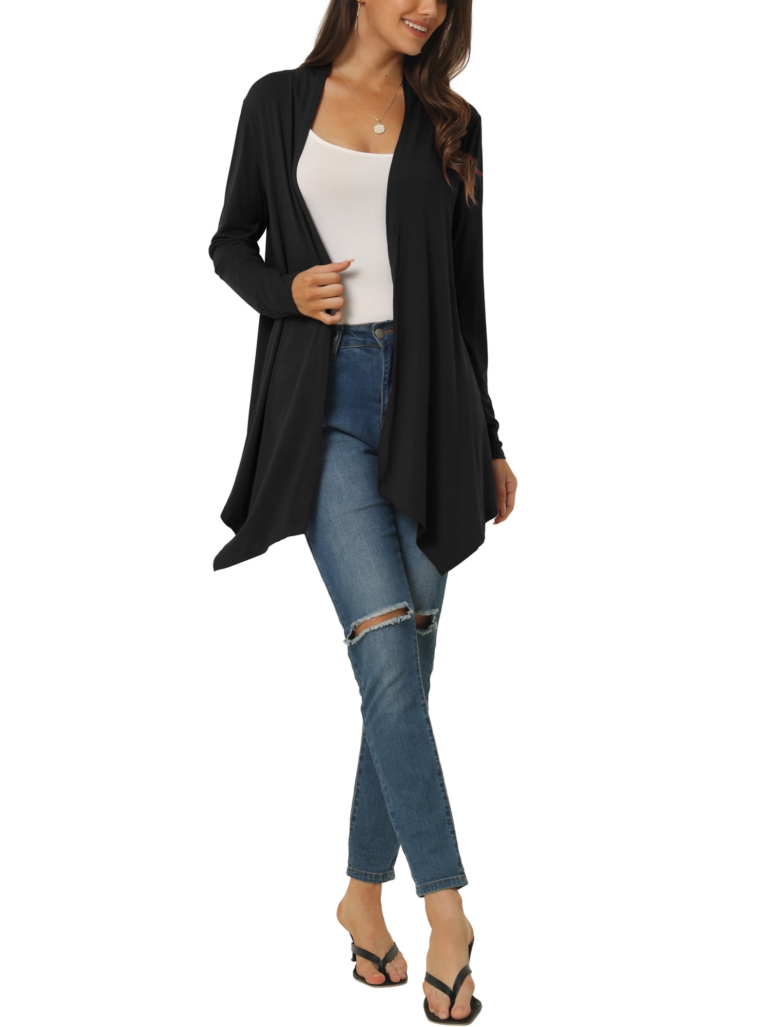 Unique Bargains Women's Spring Fall Draped Open Front Lightweight Cardigan Shrugs Boleros L Black