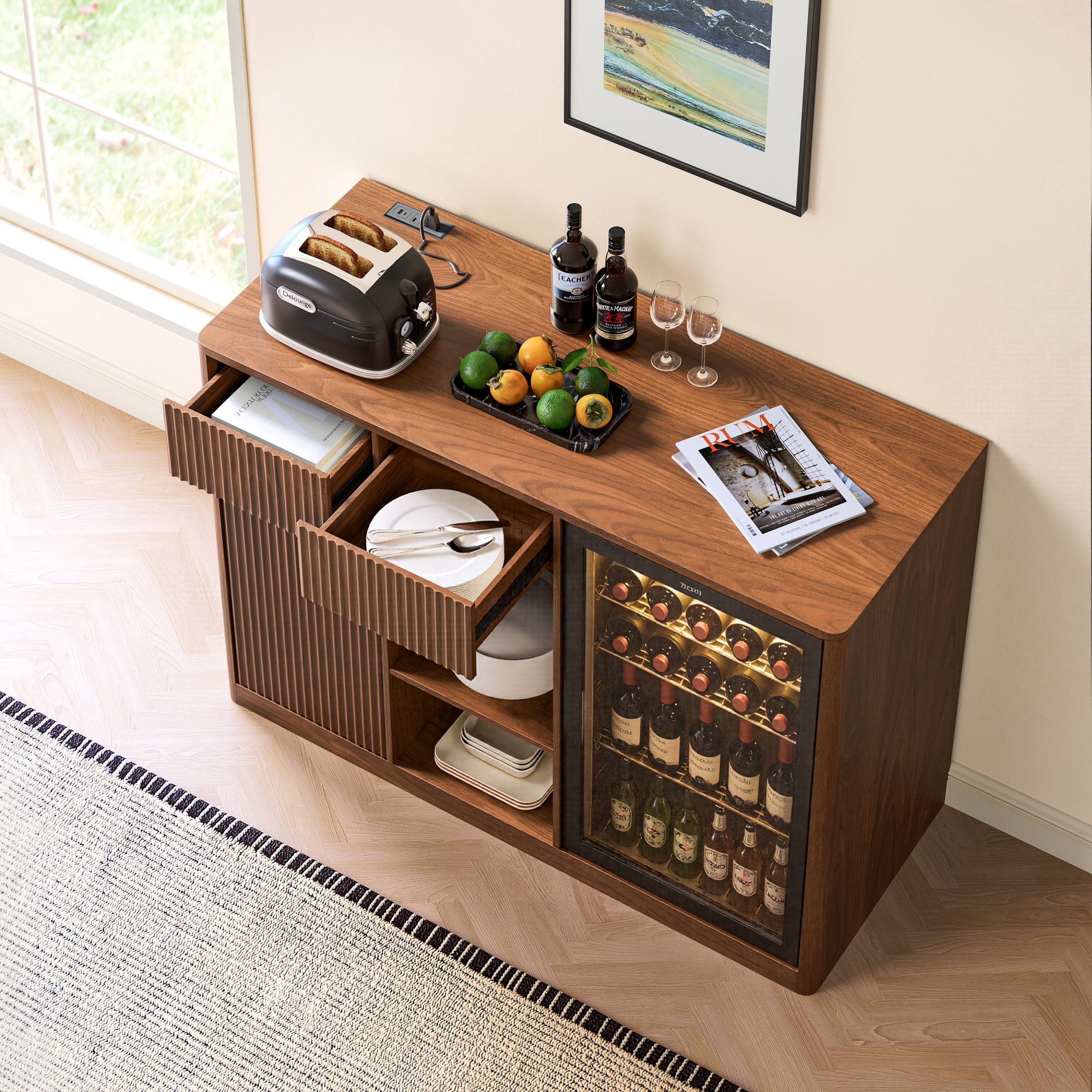 Leumius 51.2" Modern Fluted Bar Cabinet with Fridge Compartment(Fridge Not Included, Adjustable Shelves and Built-in Power Outlets, Multipurpose Wine Storage Cabinet for Living Dining Room Walnut