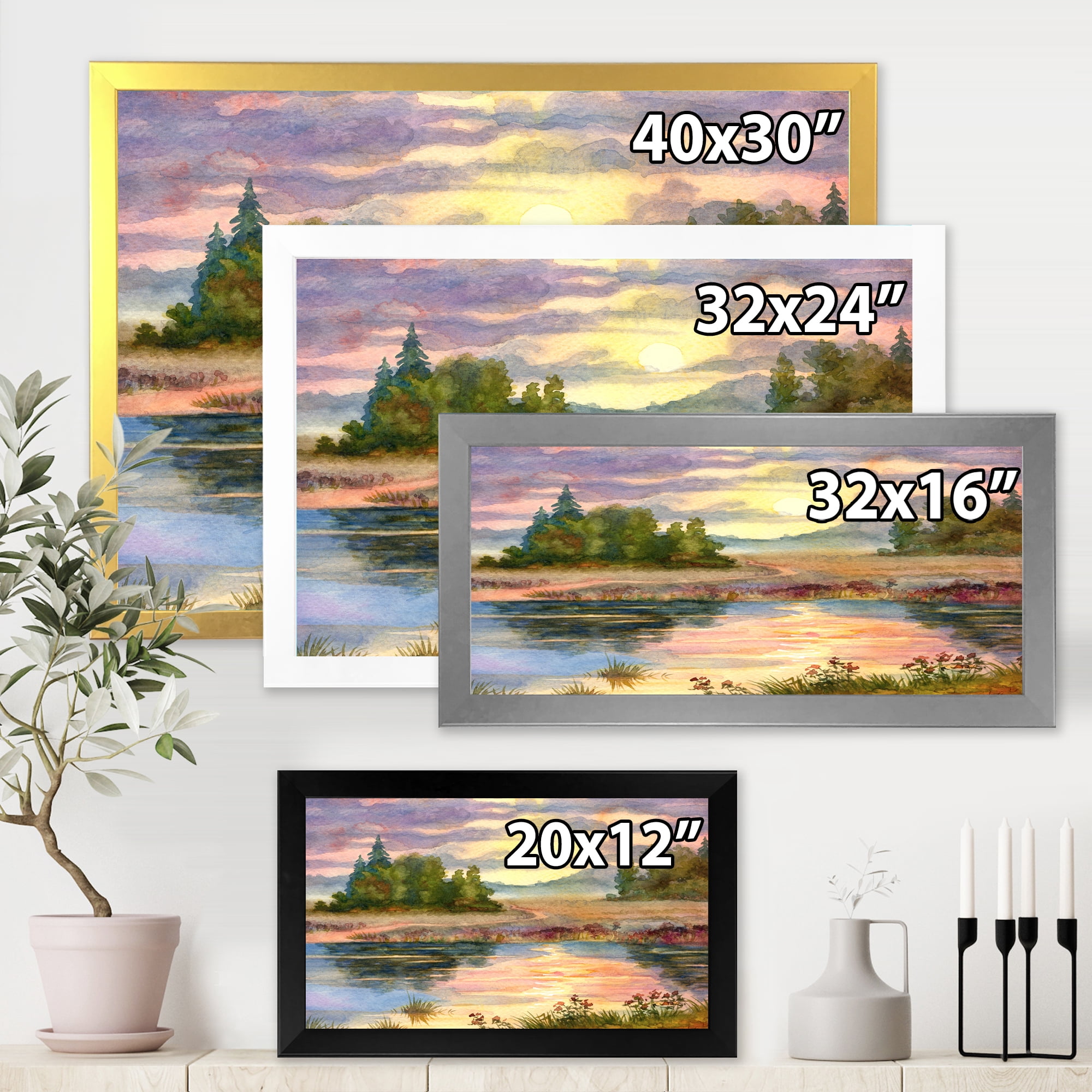 Designart 'The Rural Lake In Sunset Evening I' Traditional Framed Art Print