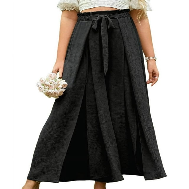 Pantalones Casuales de Pierna con Abertura para Mujer,Pantalones de Playa Holgados Estilo Palazzo de Cintura Alta,Pantalones de Verano Estilo Bohemio con Bolsillos. Negro XXL
