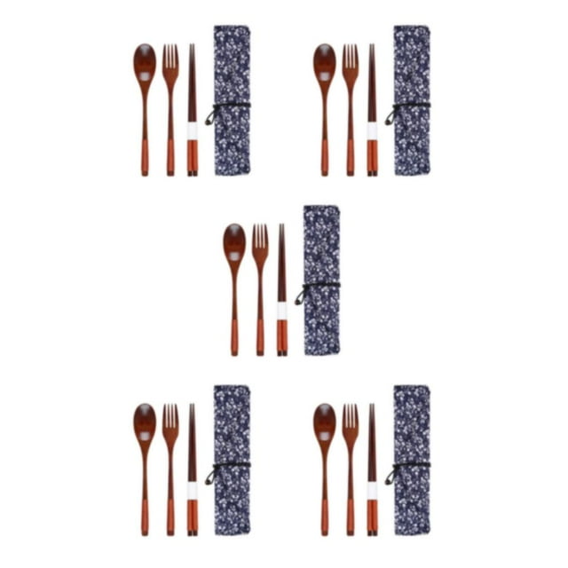 tssuouriy Wood Set Portable Japanese Style Washable Reusable Office School Student Children Chopstick Fork Spoon Flatware Type 1 5Set