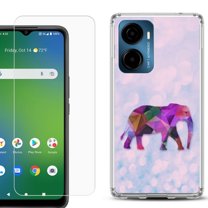 For Cricket Magic 2 5G Phone Case Cover, Shockproof Bumper Hybrid Case with Tempered Glass Screen Protector, by OneToughShield - Elephant /Polygon