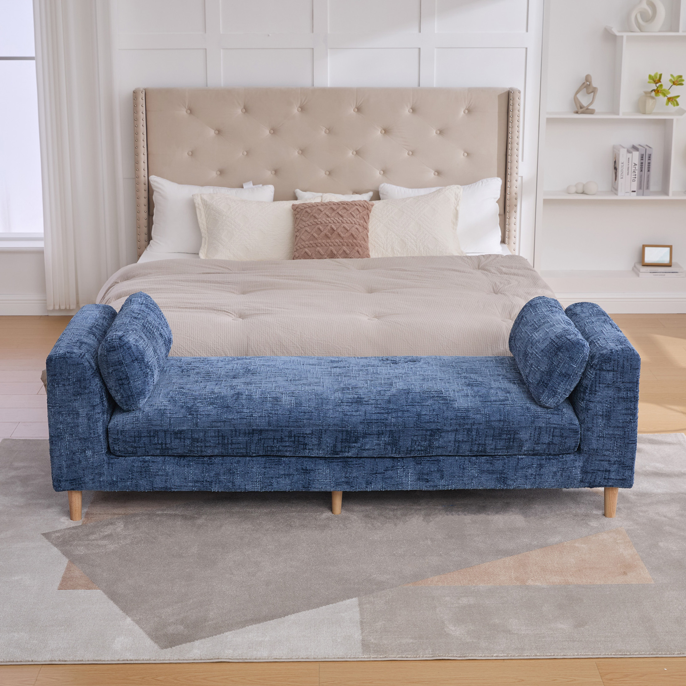 Noble House Torvane 83.1" Chenille Bed End Bench, Modern Chaise Lounge with Bolster Pillows and Wood Legs, Blue
