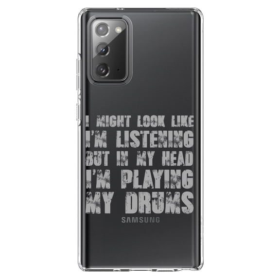 DistinctInk Clear Shockproof Hybrid Case for Samsung Galaxy Note 20 (6.7" Screen) - TPU Bumper Acrylic Back Tempered Glass Screen Protector - In My Head, I'm Playing Drums