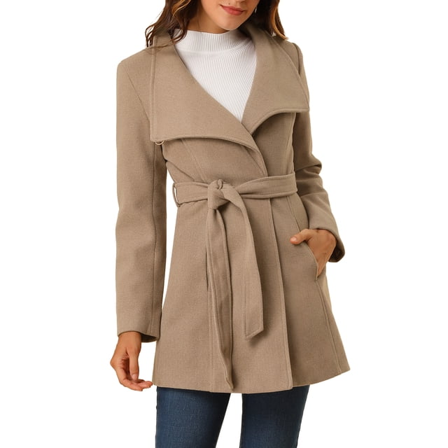 Abrigo largo clásico de mujer con cuello alto, manga larga, cinturón, talla XL, color marrón claro