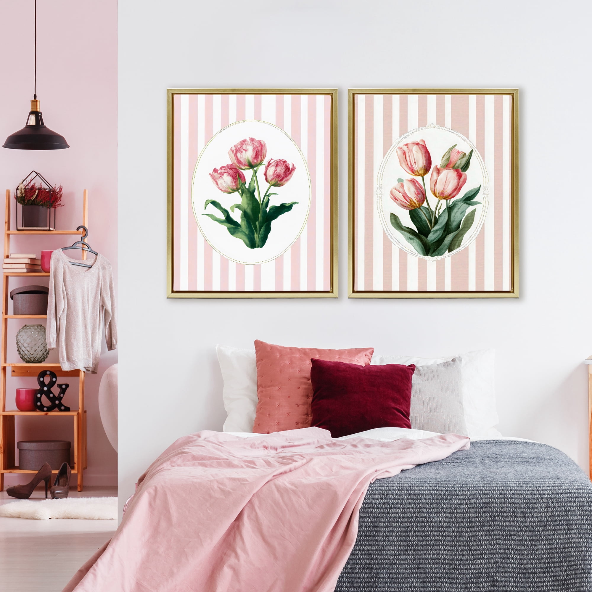Stupell Industries Blush Tulips on Stripes 2 Piece Gold Framed Floater Canvas Set, design by Ink Drop Loft