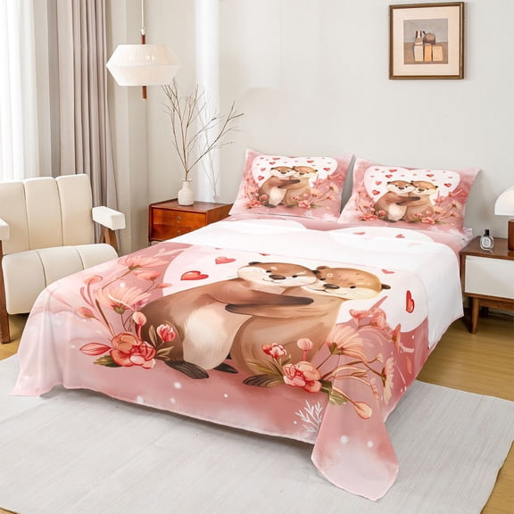 Manfei Kids Teens Kawaii Otters Couple Twin Sheet Sets 3pcs,Happy Valentine's Day Twin Fitted Sheet Microfiber,Romantic Lover Breathable Flat Sheet,Microfiber Bedroom Decor