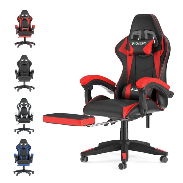 Bigzzia Chaise Gaming avec Repose-Pieds, Chaise d'Ordinateur avec Support Lombaire Hauteur Réglable avec Siège Pivotant à 360° et Appui-Tête pour Bureau Ou Gaming (Rouge)
