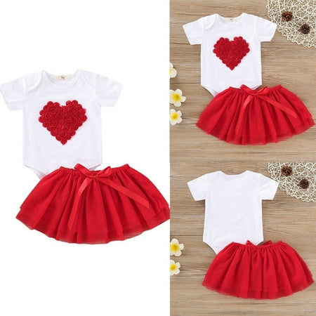 Newborn Baby Girls Valentine's Day Outfit Short Sleeve Romper Bodysuit  Lace Tutu Skirts Summer Outfit 0-24M