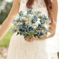 5 Stems 10 Heads Artificial Flowers Small Roses with Leaf Bouquet for Valentines Decoration Kitchen Wedding Office (2 Pack, Blue)