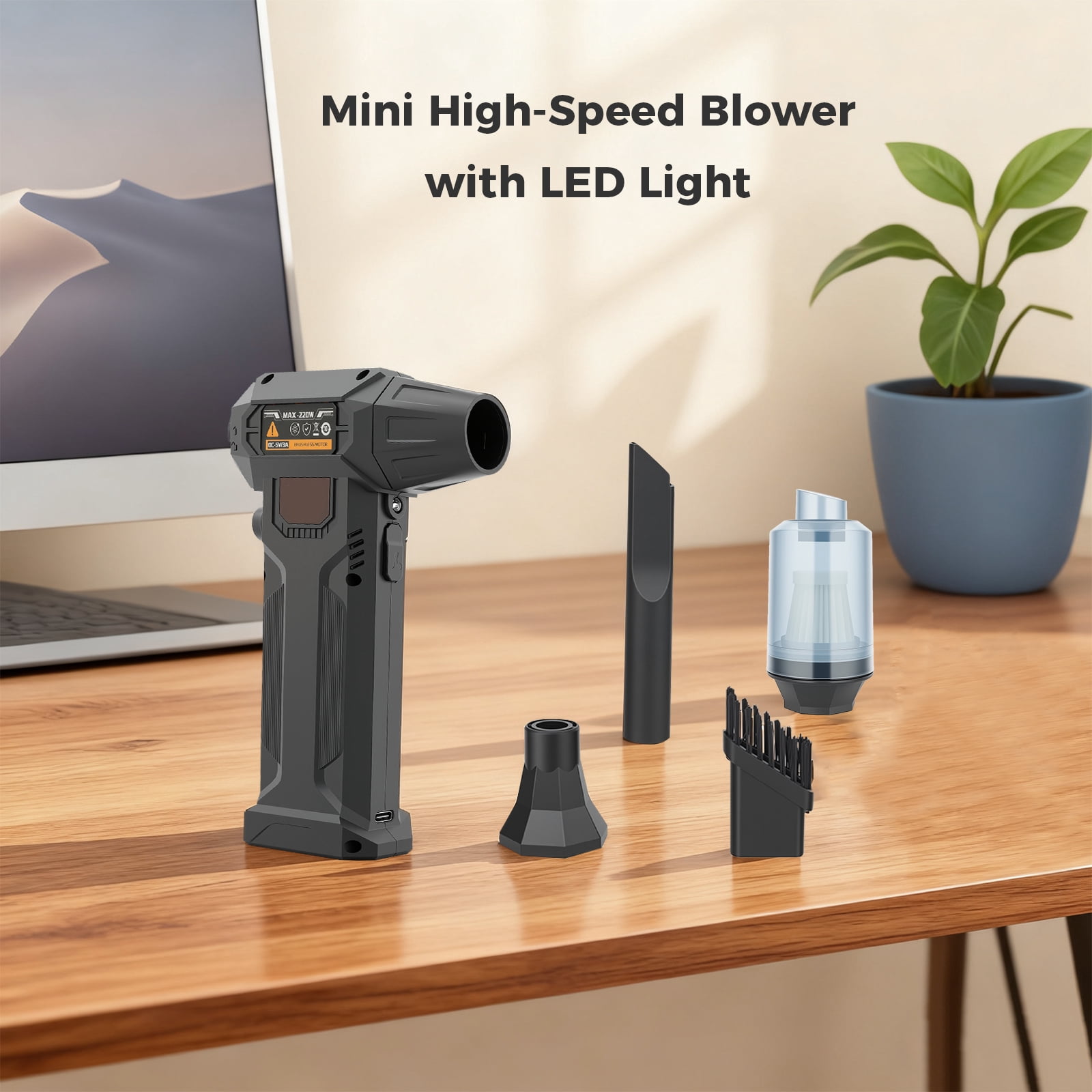 BAOKALER 280000RPM Air Duster, Brushless Compressed Air Duster for Blowing and Suction, 8AH Battery and LED Light, Adjustable Air Blower for Outdoors,Car,Home