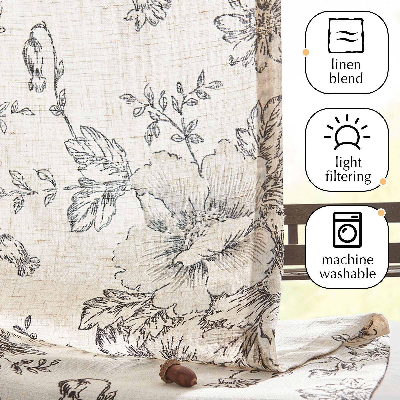 Curtainking Linen Kitchen Curtains Floral Cafe Curtains 26x45 inch Farmhouse Cafe Curtains for Living Room 2 Panels Black