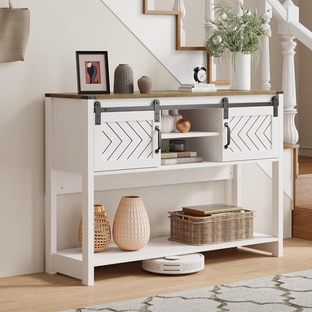Entryway Table with Storage, 46" Modern Farmhouse Console Table with Sliding Barn Door, Wood Sofa Table for Hallway, Living Room, Foyer, White and Rustic Oak