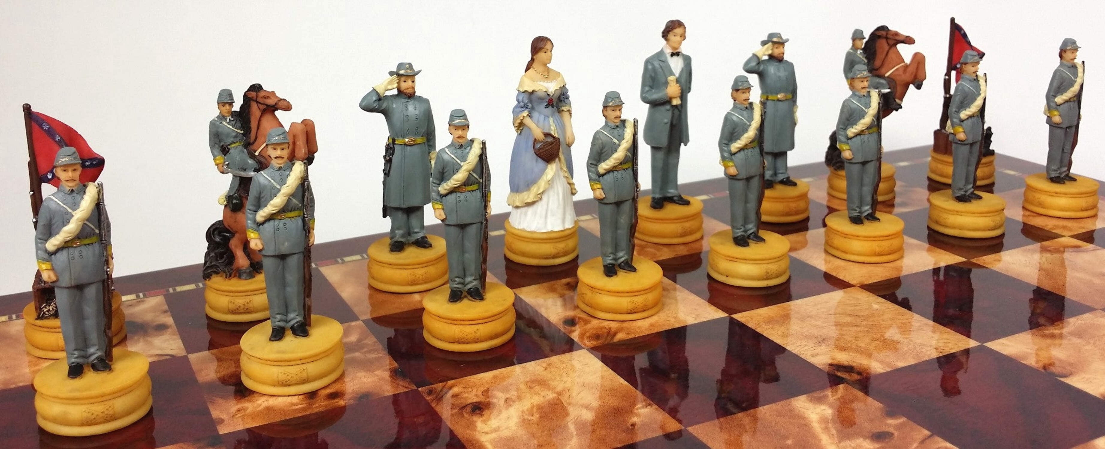 US American Civil War Queens Chess Set W 18" Cherry  Burlwood Color Board