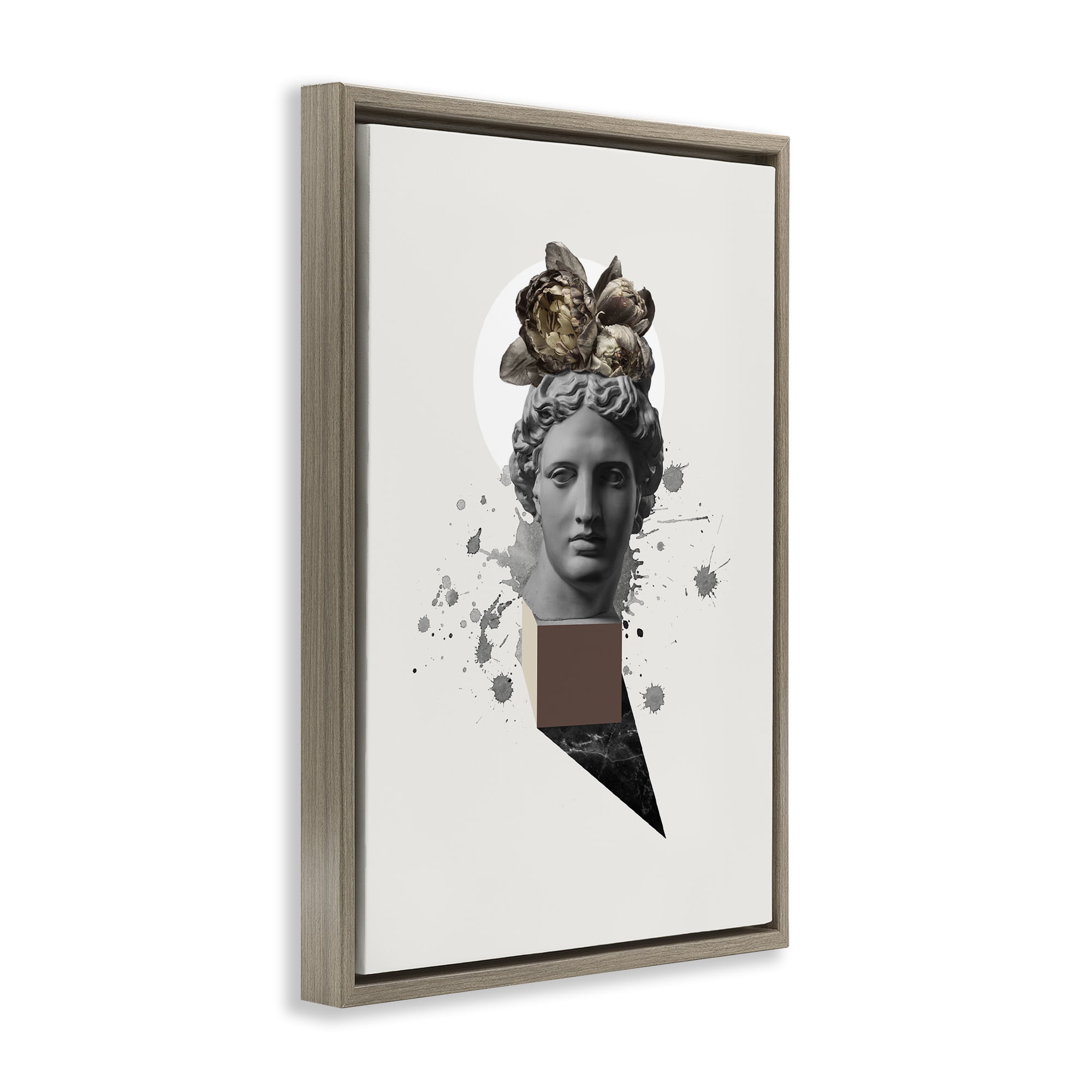 Stupell Industries Modern Statue with Peonies Botanical & Floral Painting Brown Floater Framed Canvas Art Print Wall Art, 17 x 25