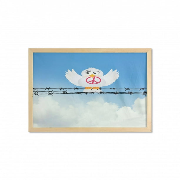 Bird on a Wire Wall Art with Frame, Inspirational Cartoon Style Winged  Animal Holding the Peace Sign, Printed Fabric Poster for Bathroom Living  Room, 35