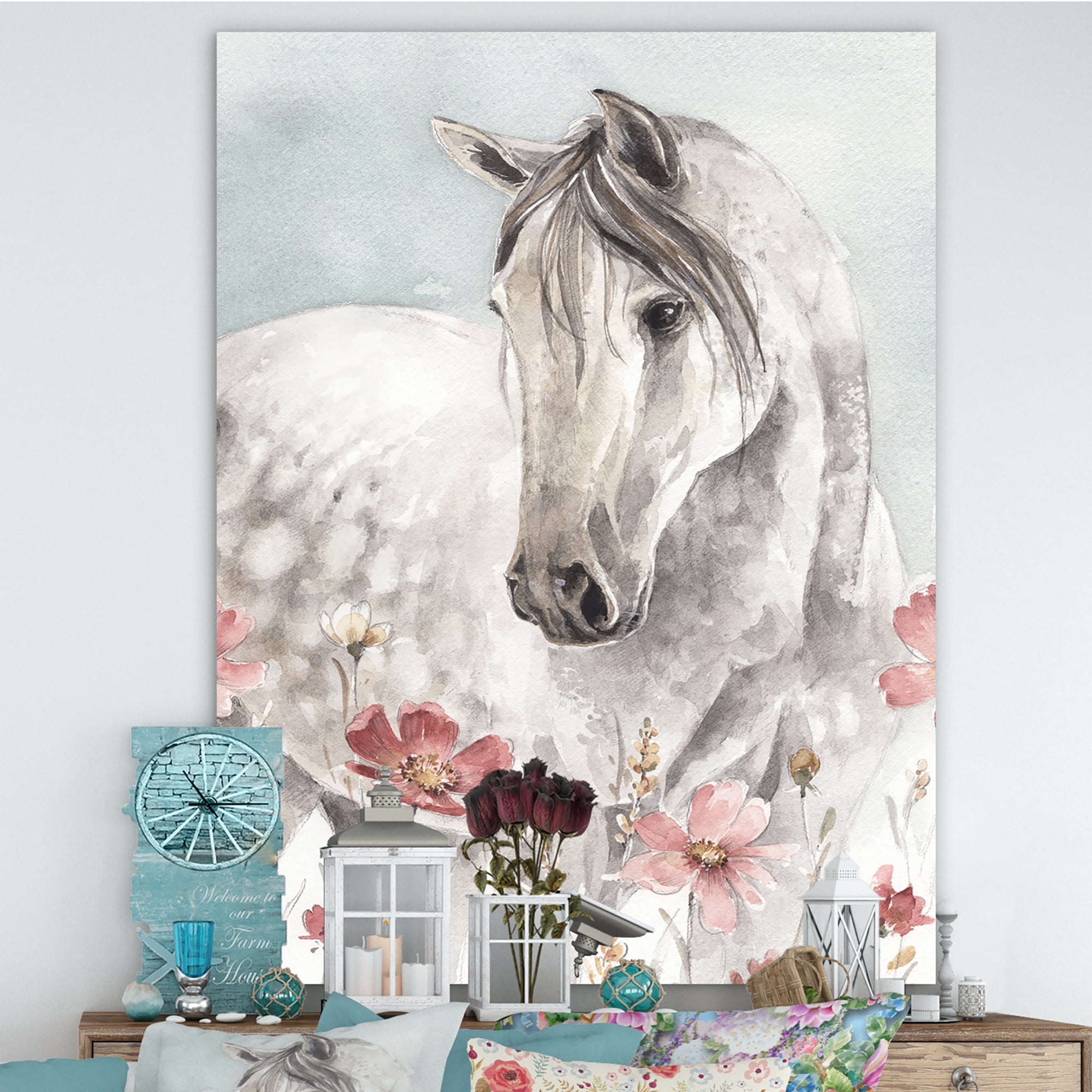 Designart 'watercolors Pink Wild Horses II' Farmhouse Premium Canvas Wall Art