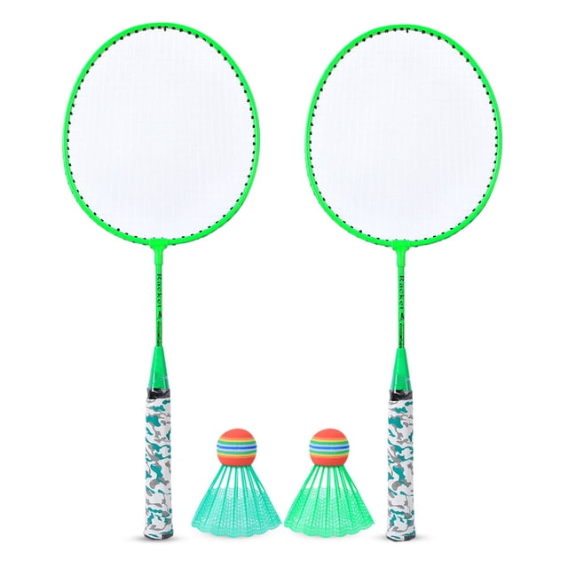 Raqueta de bádminton para niños con juego de 2 pelotas, juego de deportes al aire libre, juguete para niños y niñas, verde fluorescente