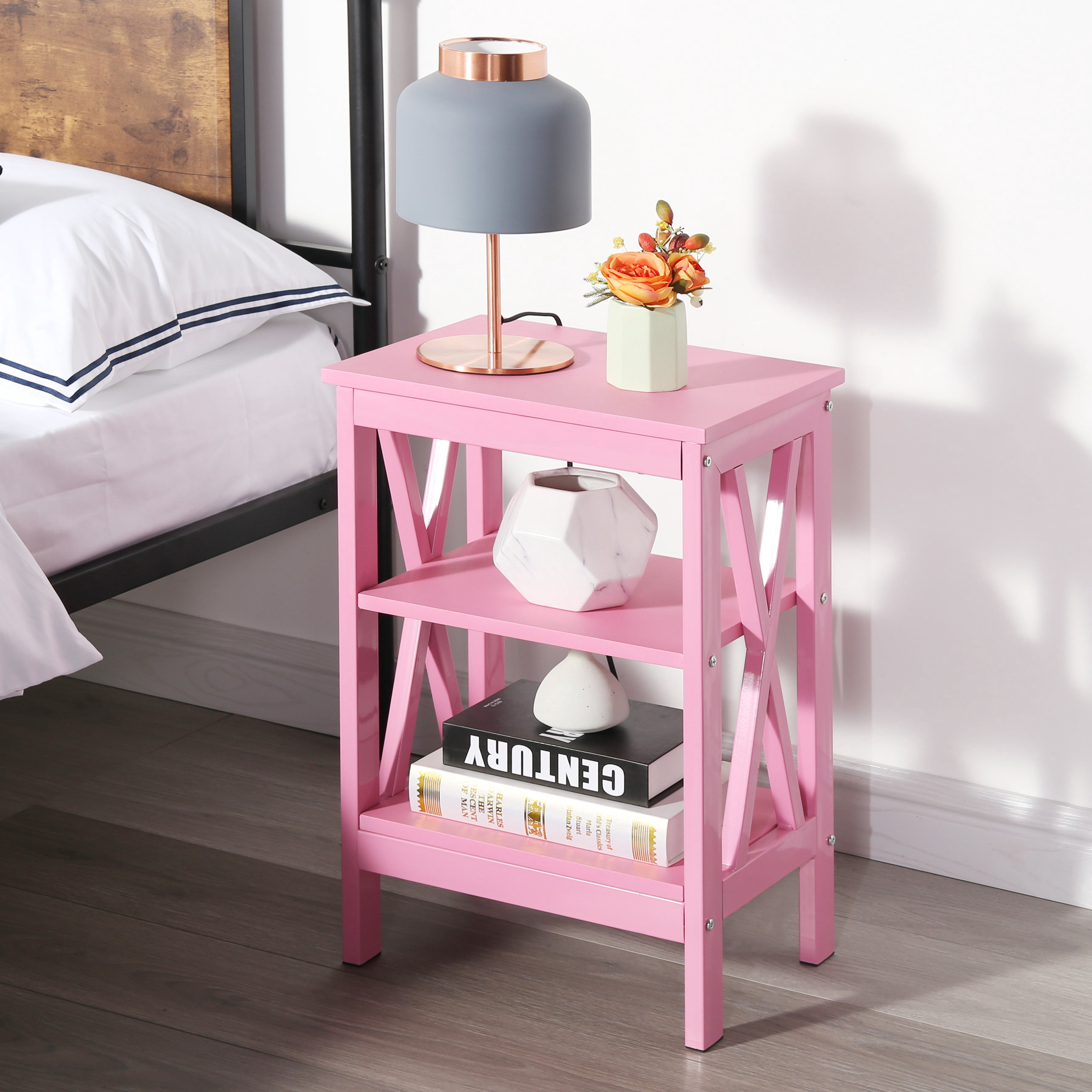 VECELO Set of 2 Nightstand with 3-Tier Shelves, X-Shaped Sofa Side End Table for Bedroom/Living Room/Office, Pink