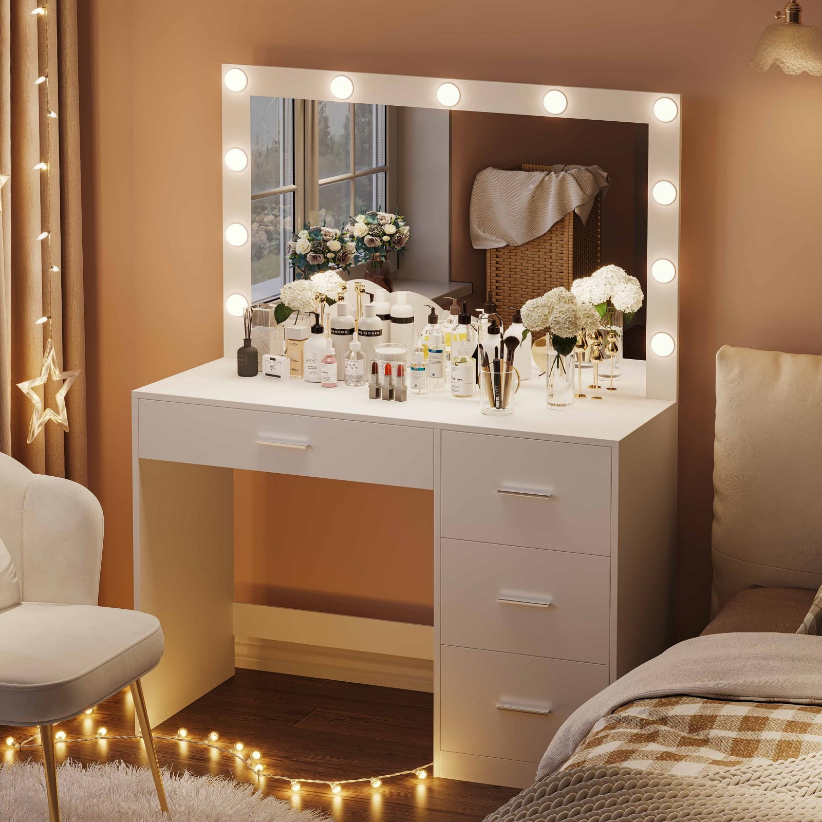 Modern LED Makeup Vanity Table for Adults with Dimmable Lights Mirror 4 Drawers White Walmart