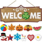 Interchangeable Welcome Sign Seasonal Festival Holiday Welcome Wood Sign for Front Door Decor Wall Hanging Decorations Porch Decorations for Home Spring Summer Fall Winter Decorations