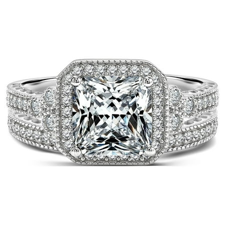 JeenMata 2 Carat Cushion Cut Moissanite Wedding Set - Bridal Set - Antique Ring - Cluster Ring - 18k White Gold Over Silver