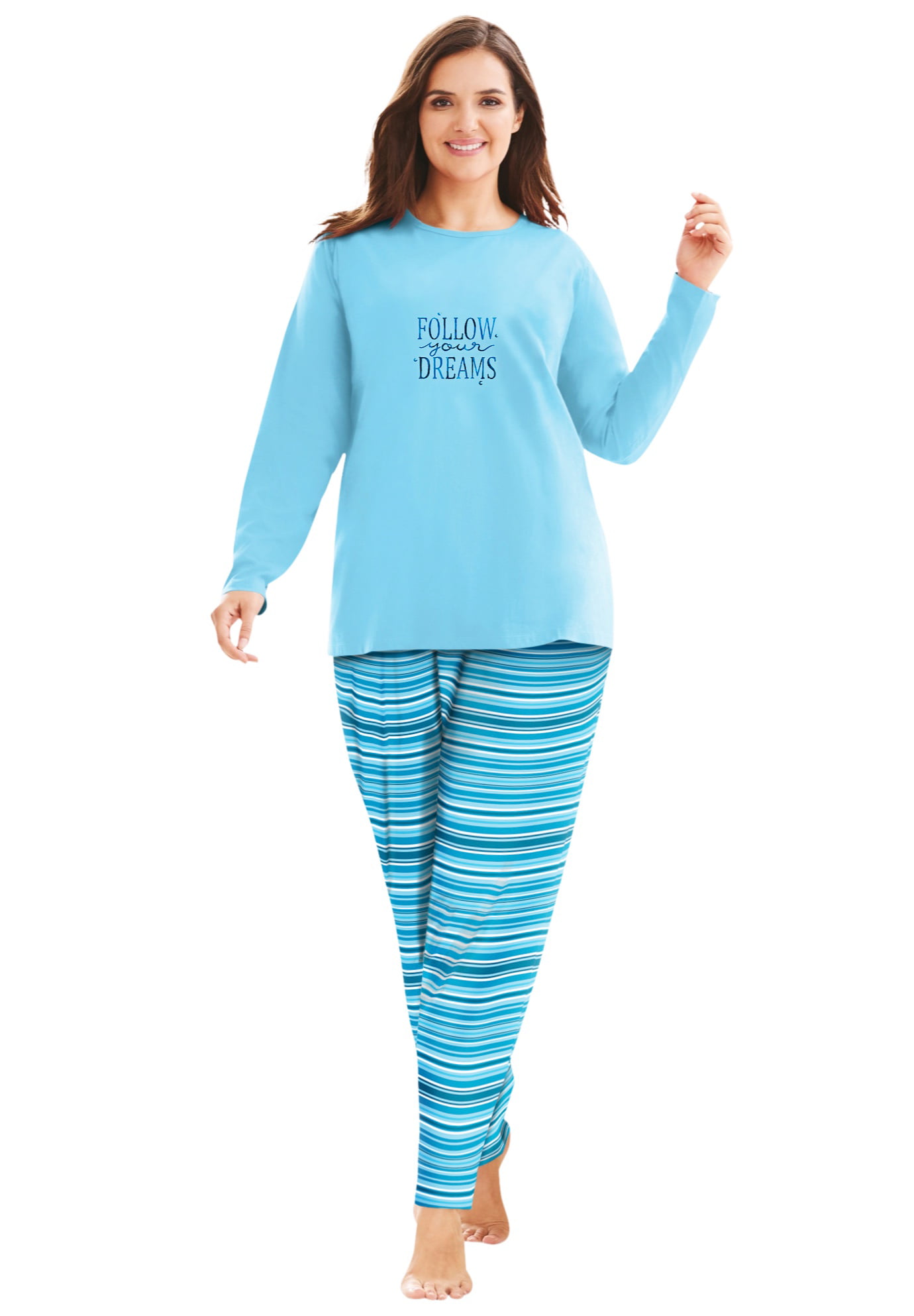 Dreams & Co. Women's Plus Size Long Sleeve Knit Pj Set Pajamas