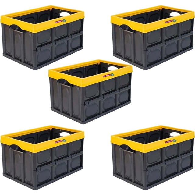 Caja Almacenable Plegable InstaCratex 5 Pzas 10kg 53x36x29cm Apilable y Colapsable Polietileno Color Negro/Amarillo.