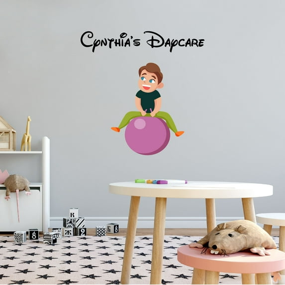 Personalized Name Day Care Wall Decal Little Boy Sitting on Ball and Playing Daycare Wall Decal for Care Taker Cute Themed Room Décor - Size: 20 In x 20 In