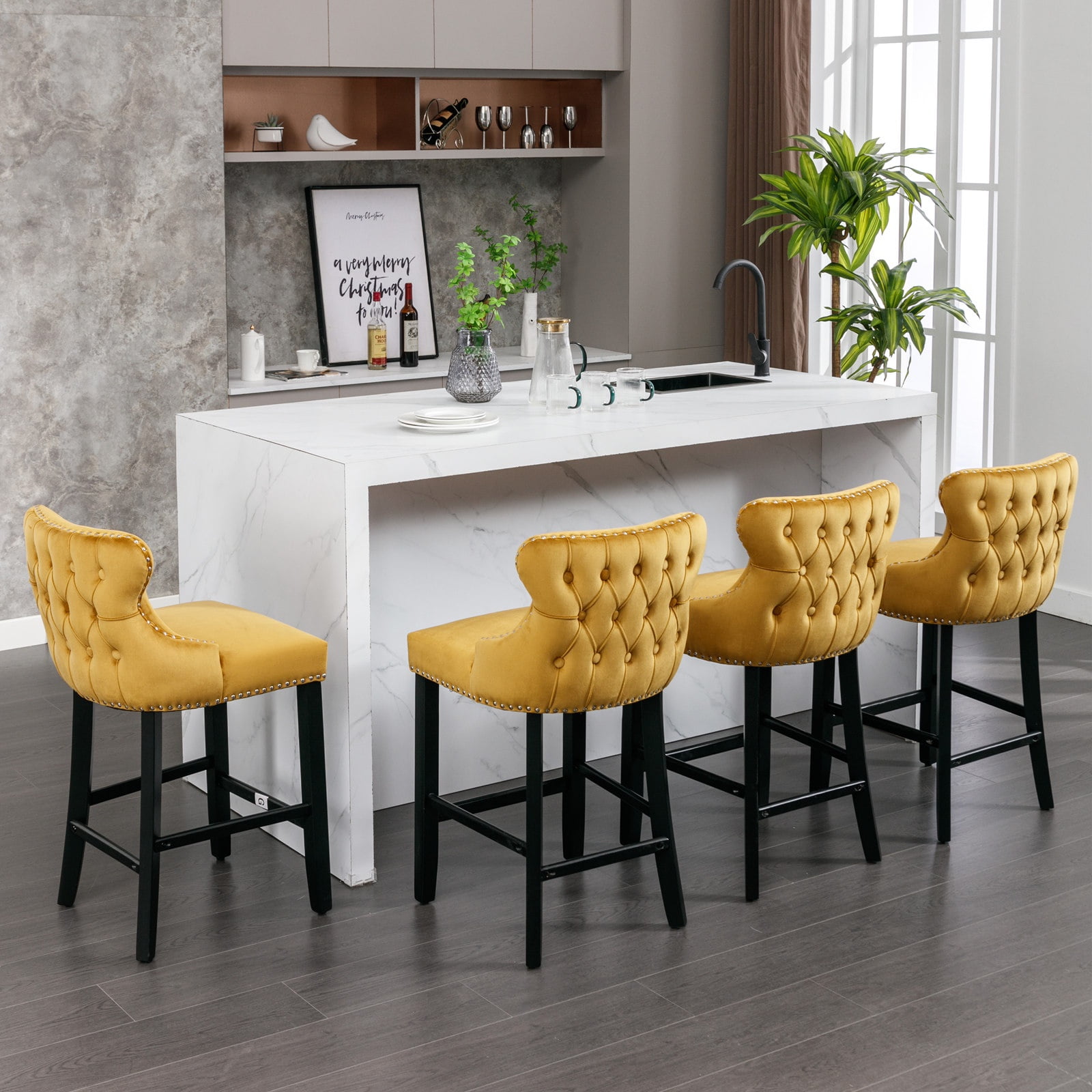 Bar Stool Set of 4, Legahome 26" Counter Height Bar Stools with Back, Velvet Upholstered Bar Stool with Button Tufted & Wooden Legs, Bar Stools Chair for 35-39" Kitchen Island Counter, Gold