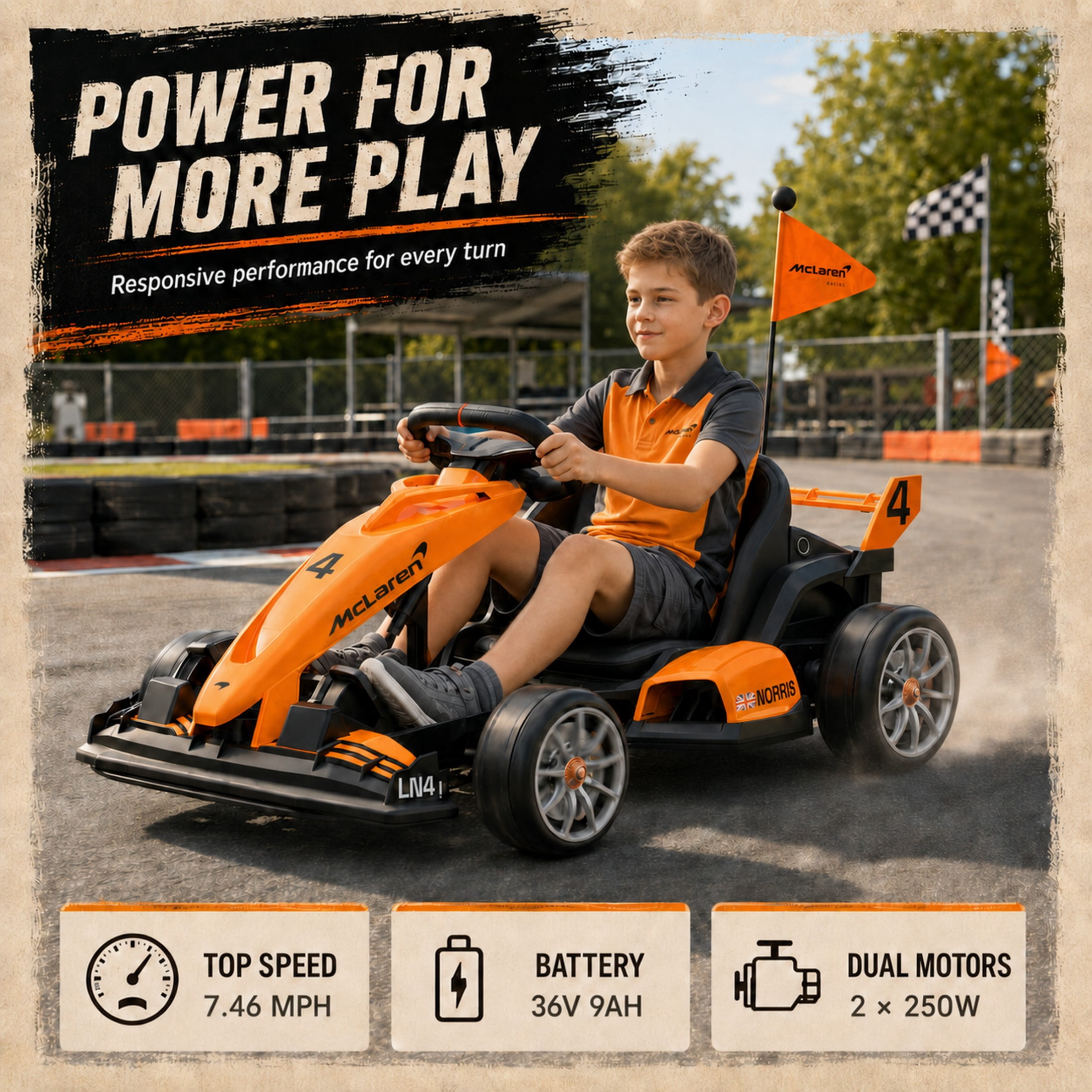 iYofe, Electric Go Kart, 36V McLaren Drift Racing, Orange, 6+ yrs