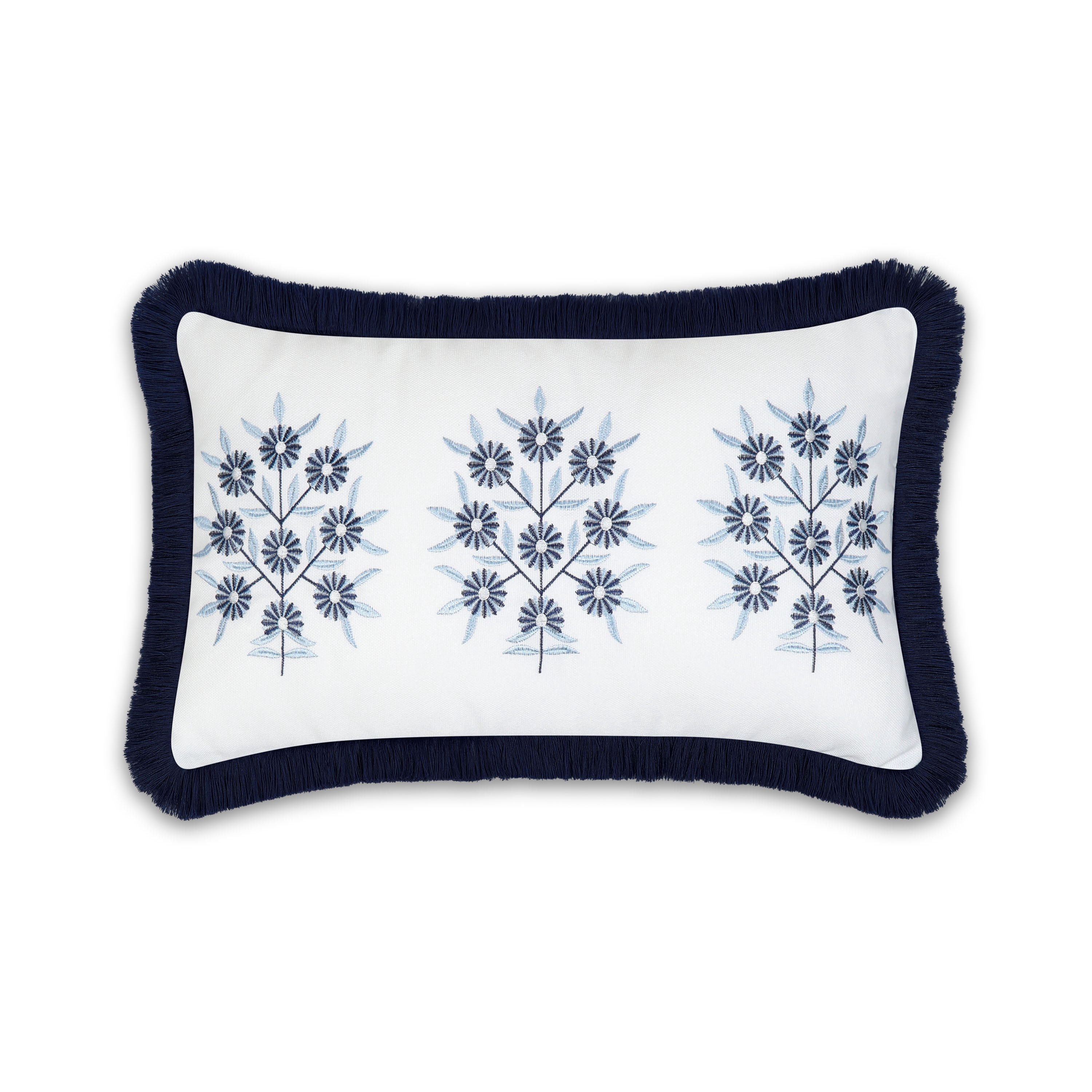 Hofdeco Premium Coastal Patio Indoor Outdoor Lumbar Pillow Cover Only, 12"x20" Water Repellent for Backyard, Couch, Navy Blue Embroidered Floral with Fringe